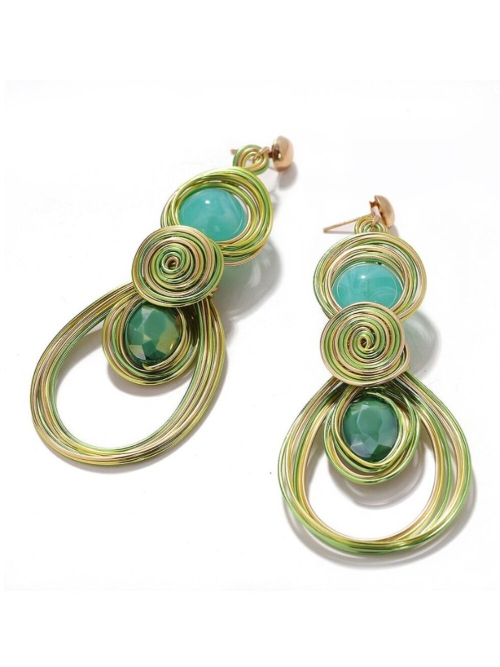 Sea Green Oval Crystal Long Dangle Wire Boho Earrings